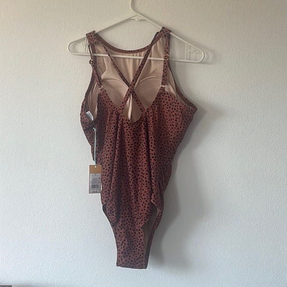 Kona Sol Brown Spotted Print High Neck Ruched One Piece Swimsuit - Picture 5 of 9